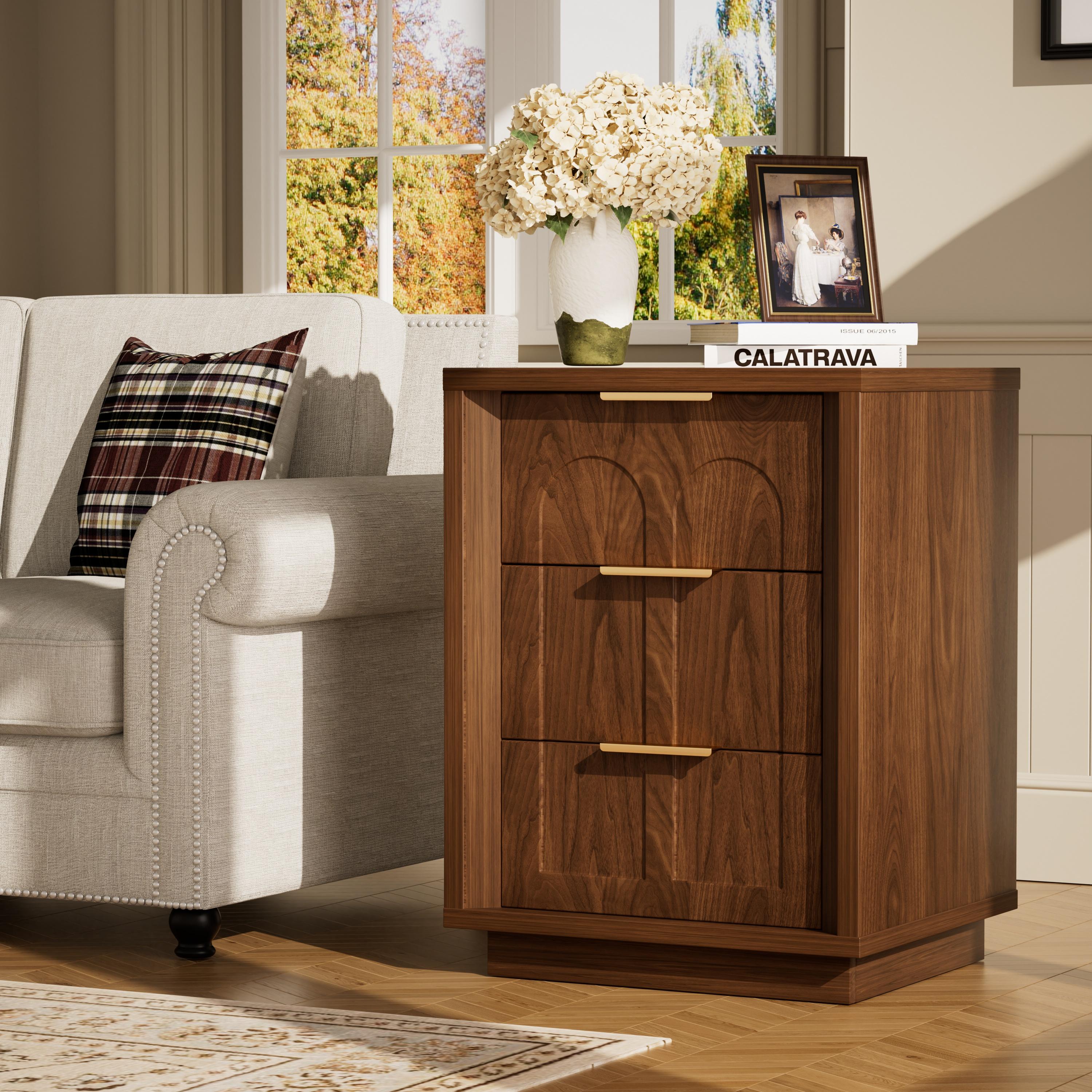 2-Pack Retro Nightstands, Mid-Century Modern 3-Drawer Bedside Tables with Gold Handles, Walnut Charger Station Cabinet, Sturdy Base Wood-Metal Indoor Bedroom Furniture 2-piece set