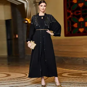 Black outerwear with hand-sewn pearl satin arabic robe, cardigan style, Dresses for Women, Loose Abayas,Women's Arabian Dress
