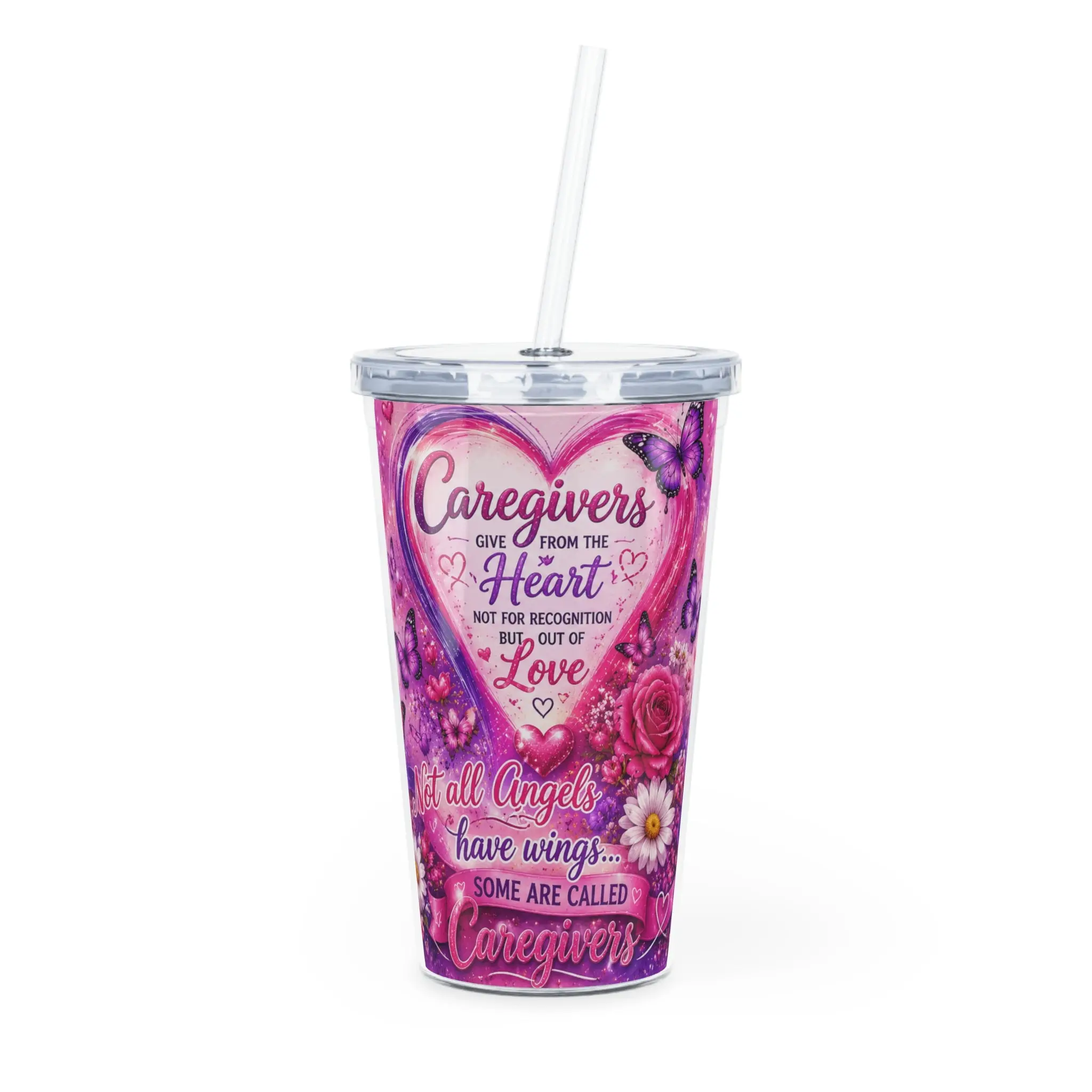 Caregivers Give From the Heart Plastic Tumbler with Straw — Floral Butterfly Tribute Gift