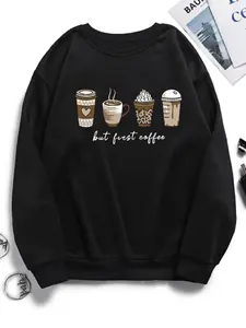 Women's Cartoon Coffee & Cup Print Drop Shoulder Crewneck Sweatshirt, Long-sleeve Pullover for Spring & Fall, Women's Black Clothes, Sweatshirts for Women, Comfort Lady Tops, Casual Cozy Pullover, Graphic Sweatshirts