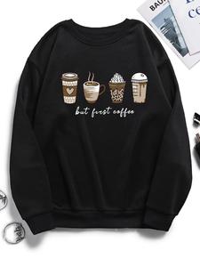 women's cartoon coffee & cup print drop shoulder crewneck sweatshirt, long-sleeve pullover for spring & fall, women's black clothes, sweatshirts for women, comfort lady tops, casual cozy pullover