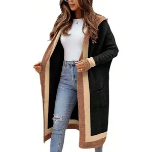 Women's Color Block Vertical Striped Open Front Oversized Hooded Long Cardigan Sweaters With Pockets Long Batwing Sleeves Regular Fit All Season Casual Elegant Apricot Khaki Rose Red Mint Green Pink