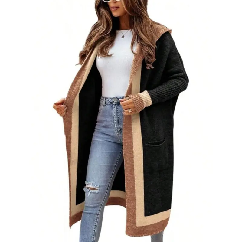Women's Knitwear Fabric Comfortable Color Block Vertical Striped Open-Front Oversized Hooded Long Cardigan with Pockets, Long Batwing Sleeves, Regular Fit, Lady Evening & All-Season Casual Elegant Top (Apricot, Khaki, Rose Red, Mint Green, Pink), Ribbed