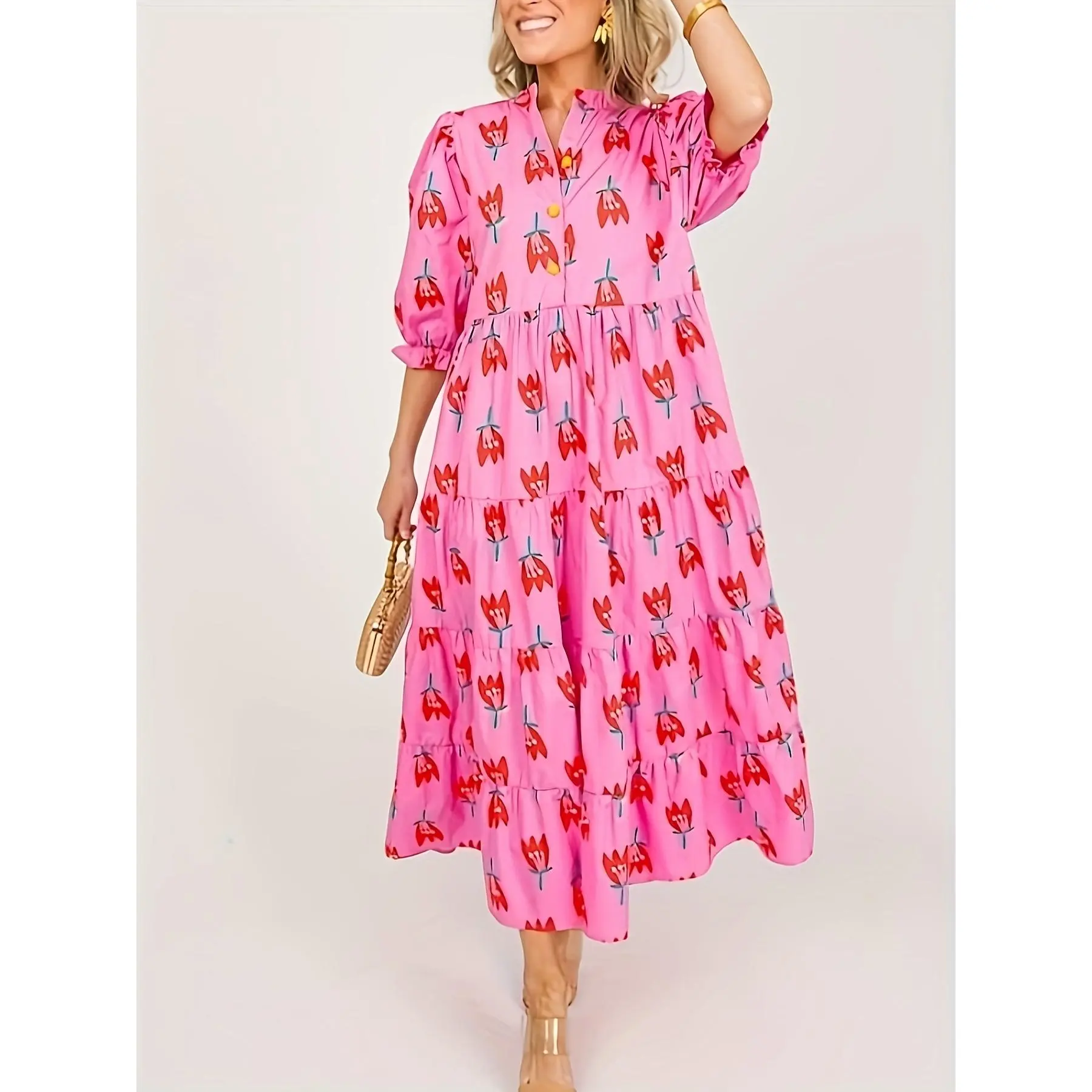 Women's Strawberry Floral Print Maxi Dress - V-Neck Short Sleeve with Ruffled Hem, Lightweight Breathable Fabric, Casual Spring Summer Fall Dress for Beach Outings & Picnics, Picnic Attire |   Vneck Design