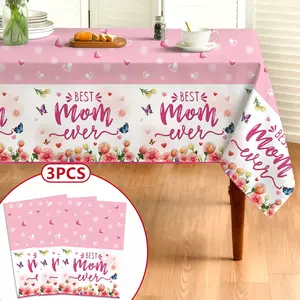 3-Pack Best Mom Ever Tablecloth Set, Plastic Cover with Tulip & Heart Designs, Perfect for Mother's Day Brunch Party Decoration