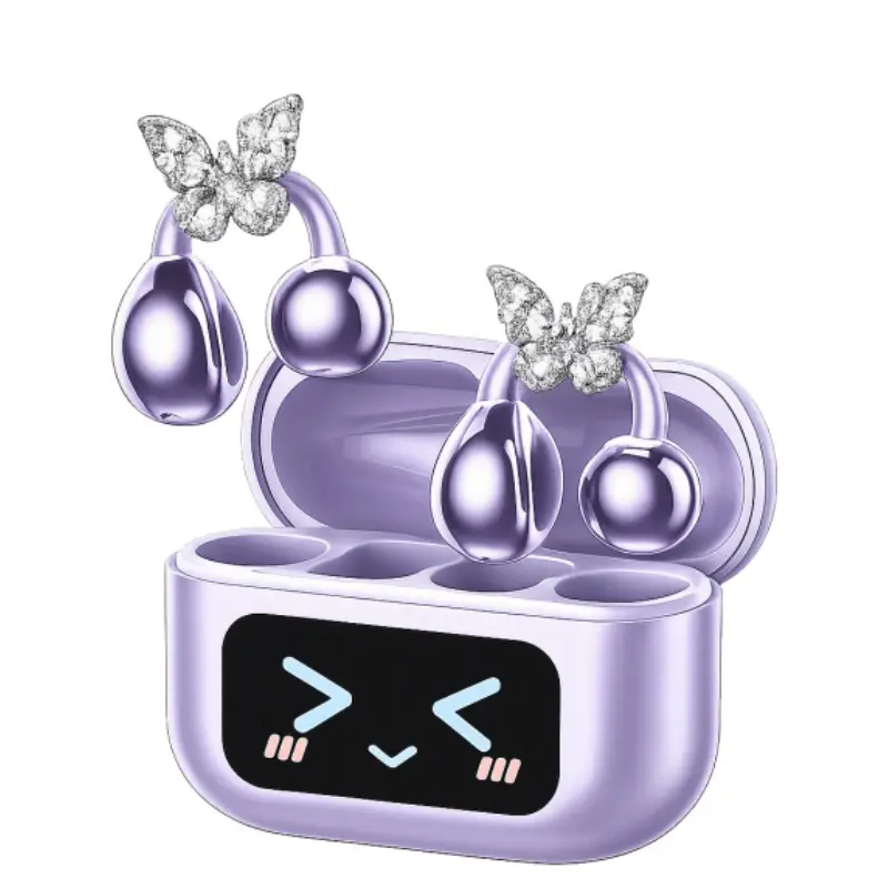 M100 Women's Open-Ear Clip Earbuds with Removable Butterfly Earrings, Smart LCD Touch Screen, Bluetooth 6.0 Wireless Headphones, Lightweight, Sweat-Resistant, Stylish for Daily Wear, Compatible with Android & iOS