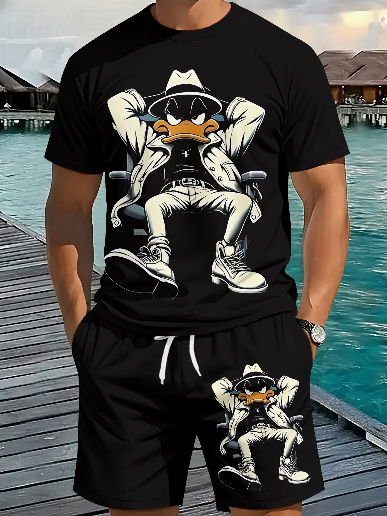 Men's 3D Digital Printing Two-Piece Set by Heidi Chaoya Da Lao, 2Pcs, Shirt, Clothes, Stylish breathable sporty casual style, a perfect holiday gift for men