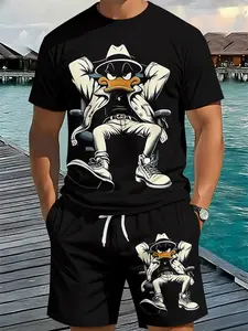 Men's 3D Digital Printing Two-Piece Set by Heidi Chaoya Da Lao, 2Pcs, Shirt, trendy, Stylish and fashionable set, trendy retro casual two-piece set, vacation-style Tropical trendy outfit, breathable sporty casual style, a perfect holiday gift for men