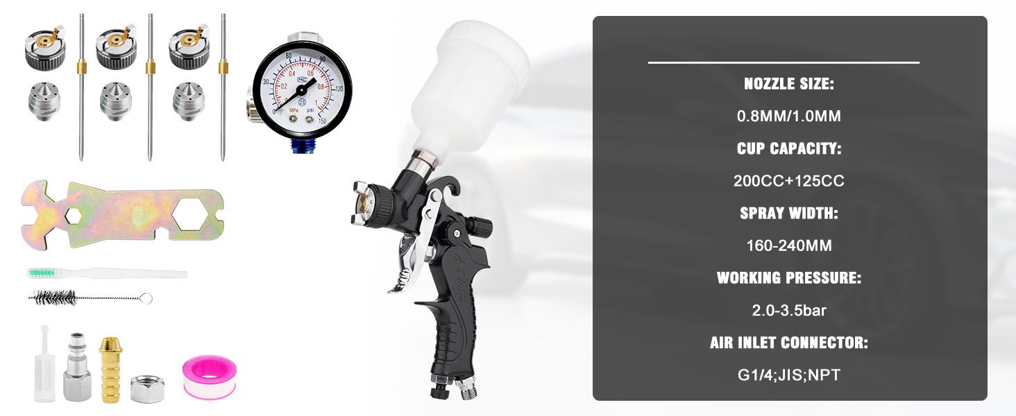 Mini HVLP spray gun with 0.5/0.8/1.0 mm nozzles and 125cc paint cup. Pneumatic automotive spray gun for car painting, primer, varnish and surface coating. Perfect for detailed repair work, small and lightweight, black finish. Cordless Sprayer High