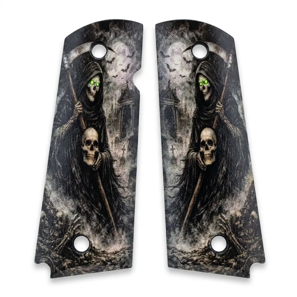 1911 Full Size Grips – Black ABS Custom Grip Set with Grim Reaper & Glowing Green Eyes Printed Artwork | Standard Frame Replacement Grip Panels