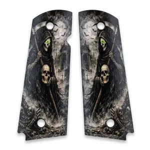 1911 Full Size Grips – Black ABS Custom Grip Set with Grim Reaper & Glowing Green Eyes Printed Artwork | Standard Frame Replacement Grip Panels