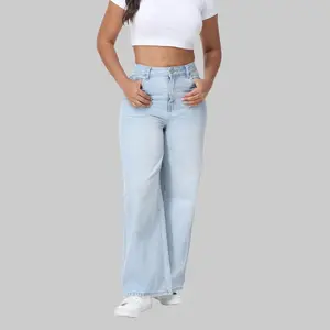 High-Rise Cinch Baggy Jeans Stretchy Wide Leg for Women Adjustable Waist Button Pants Womenswear Light Indigo Wash Trendy Denim Versatile Trousers Pocket dealsforyoudays