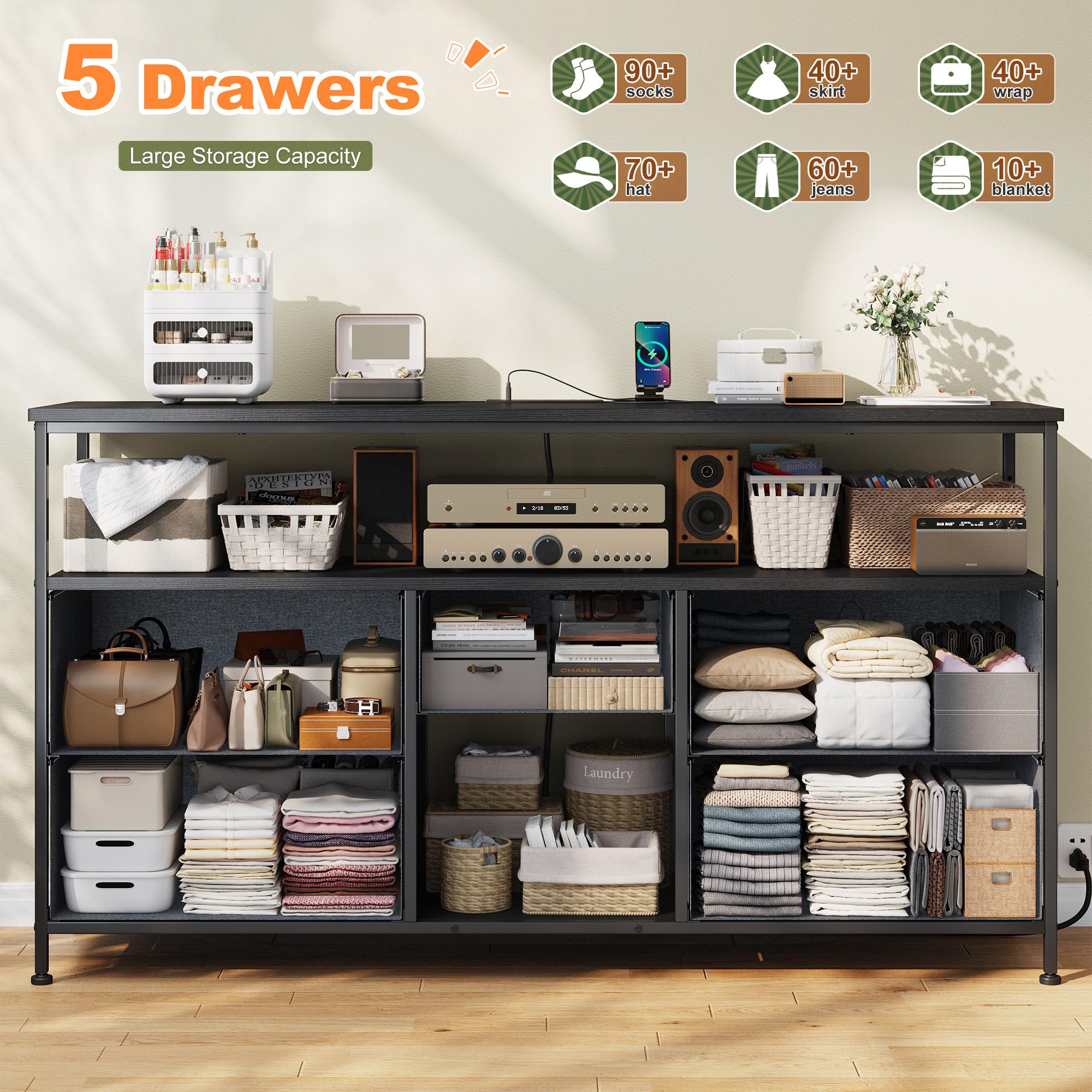 【Storage TV Stands】Raybee 30'' H Dresser with 5 Drawers,Old School & Chill Vibe TV Stands with Cabinets for Living Room with LED & Charge Station(2 USB Ports & 2 Power Outlets), Match 50 Inches TV,Combining Aesthetics with Practicality