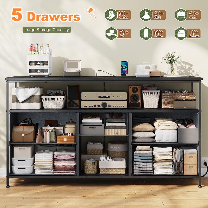 【Storage TV Stands】Raybee 30'' H Dresser with 5 Drawers,Old School & Chill Vibe TV Stands with Cabinets for Living Room with LED & Charge Station(2 USB Ports & 2 Power Outlets), Match 50 Inches TV,Combining Aesthetics with Practicality