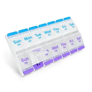 Push Button (7-Day) Pill Case, Medicine Planner, Vitamin Organizer, 2 Times a Day AM/PM, X-Large Compartments, Arthritis Friendly, Clear Lids, Purple and Blue, BPA Free