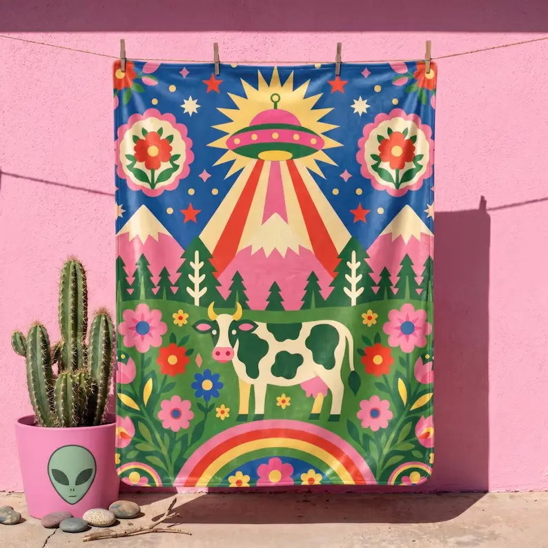 UFO Alien Cow Abduction Blanket, Maximalist Dopamine Decor Throw, Retro 70s Sci Fi Bedding, Quirky Weirdcore Gift, Funky Colorful Room Gift Blanket Gift Idea Home Party Holiday Decor Christmas and Halloween and Birthday