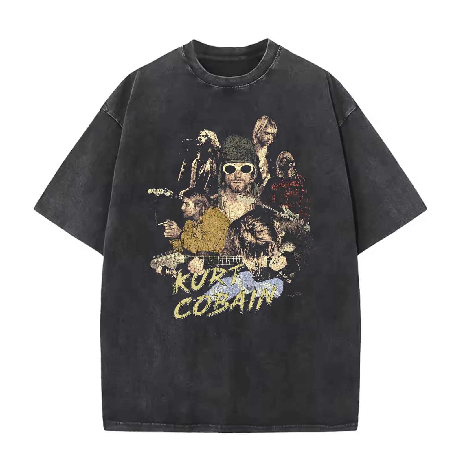 Kurt Cobain Vintage Grunge Collage Mineral Wash Graphic T-Shirt Heavyweight Cotton Casual Vintage Washed Tee Trendy Tops Unique Trendy Gift