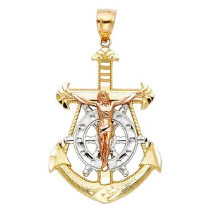 Jesus Crucifix Anchor Pendant in 14K Gold Tri-color Design with Crucifix and Anchor Motif 40mm x 25mm 3.7g