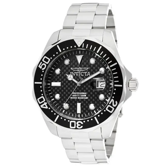 Invicta IN12562 Men's Swiss Glow-in-the-Dark Self-Luminous Quartz Pro Diver Watch, 20ATM Water Resistance, Black Carbon Fiber Dial, Stainless Steel Construction, Glow-In-The-Dark Quartz Watches, Self-Luminous Quartz Watches