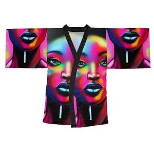 Marlina Long Sleeve Kimono Robe AOP - Womenswear Fabric, Chic Japanese Style, Black with Vibrant Print, Available in Various Sizes