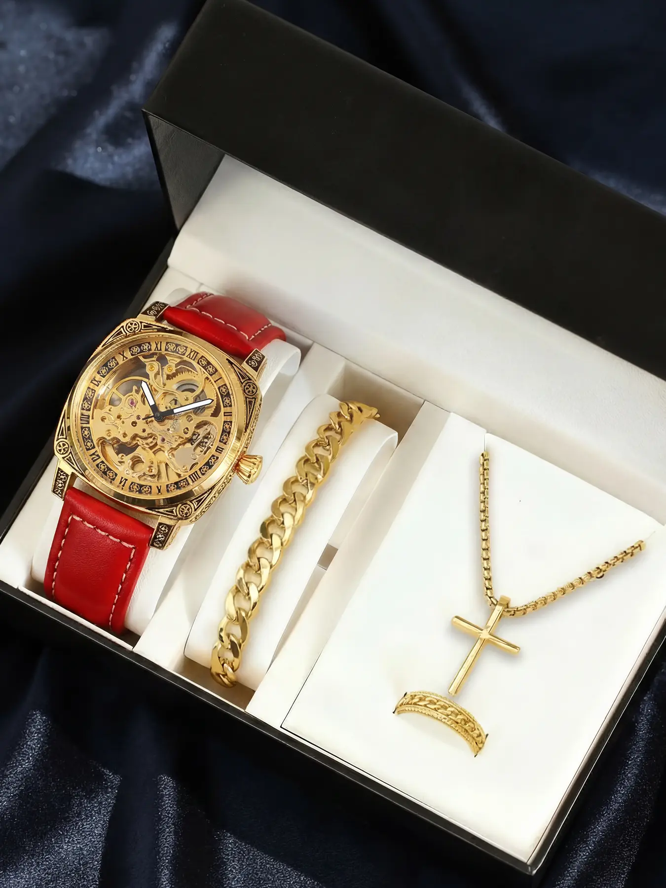 4-piece men's watch set Valentine's Day exclusive PU leather strap gold classic top retro style luminous hollow design Skeleton Watches versatile and comfortable fully automatic mechanical watch