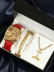 4-piece men's watch set Valentine's Day exclusive PU leather strap gold classic top retro style luminous hollow design Skeleton Watches versatile and comfortable fully automatic mechanical watch