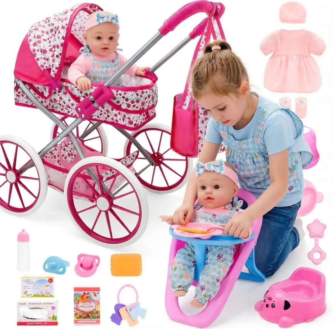deAO  Doll with Stroller Set for Realistic Pretend Play for 3 4 5 6 7 Year Old  Girls Gifts. Stroller Toys includes Dolls, 2 sets Doll Clothes and many Doll Accessories. #sohochic