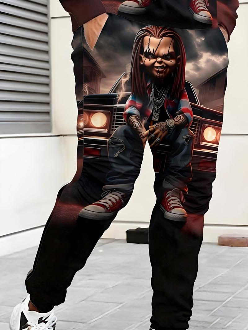 Men's Two-Piece Full Print Hoodie and Sweatpants Set - Horror Movie Doll Character Streetwear, Casual Black and Red Pullover Hoodie with Sweatpants, Fashionable Graphic Two-Piece Set, Perfect for Halloween, Parties, and Daily Wear