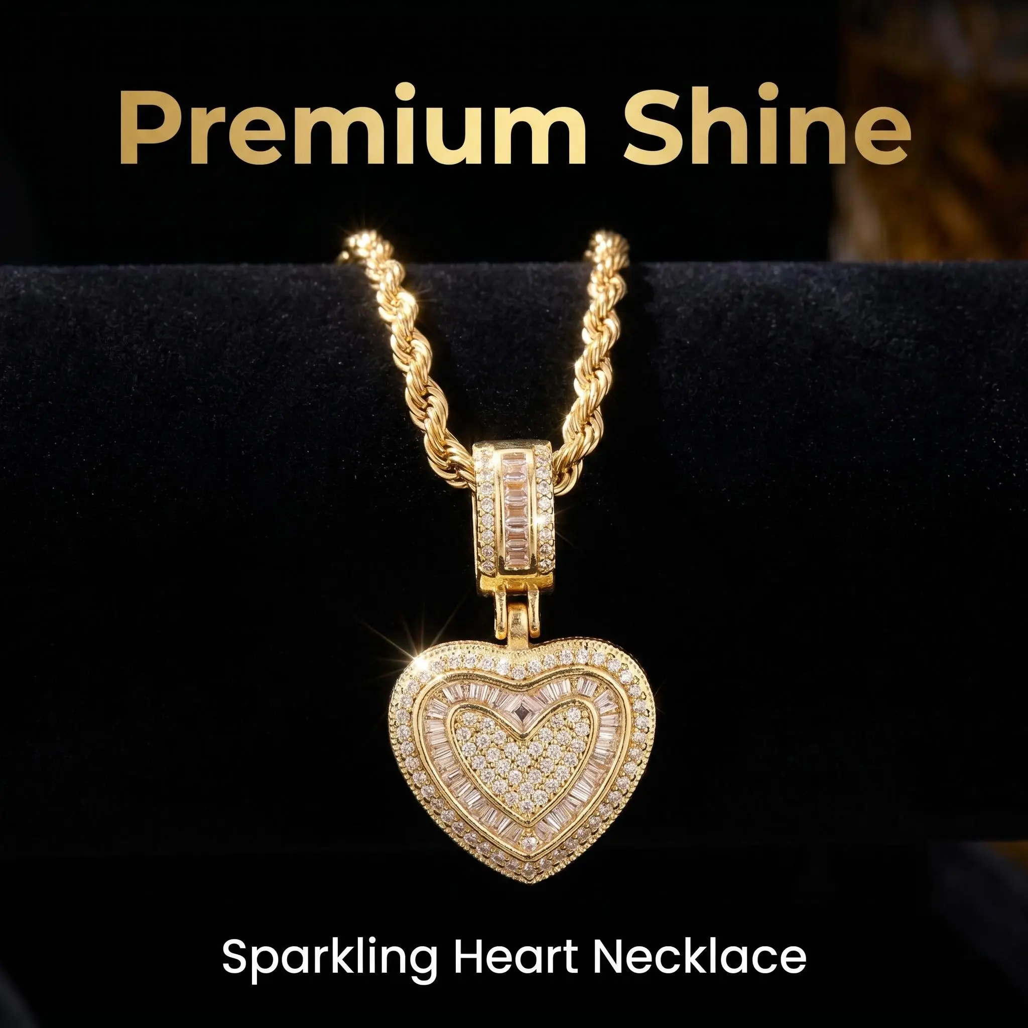 14K Gold Plated Copper Sparkling CZ Heart Pendant Necklace for Women, 60CM Twist Rope Chain, Iced Out Hip Hop Stackable Clavicle Chain Jewelry Gift for Her