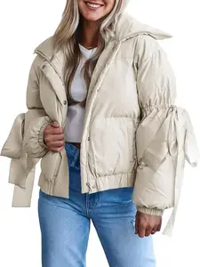 Womens Bow Puffer Jacket Winter Warm Cropped Quilted Jackets Baggy Short Down Coats