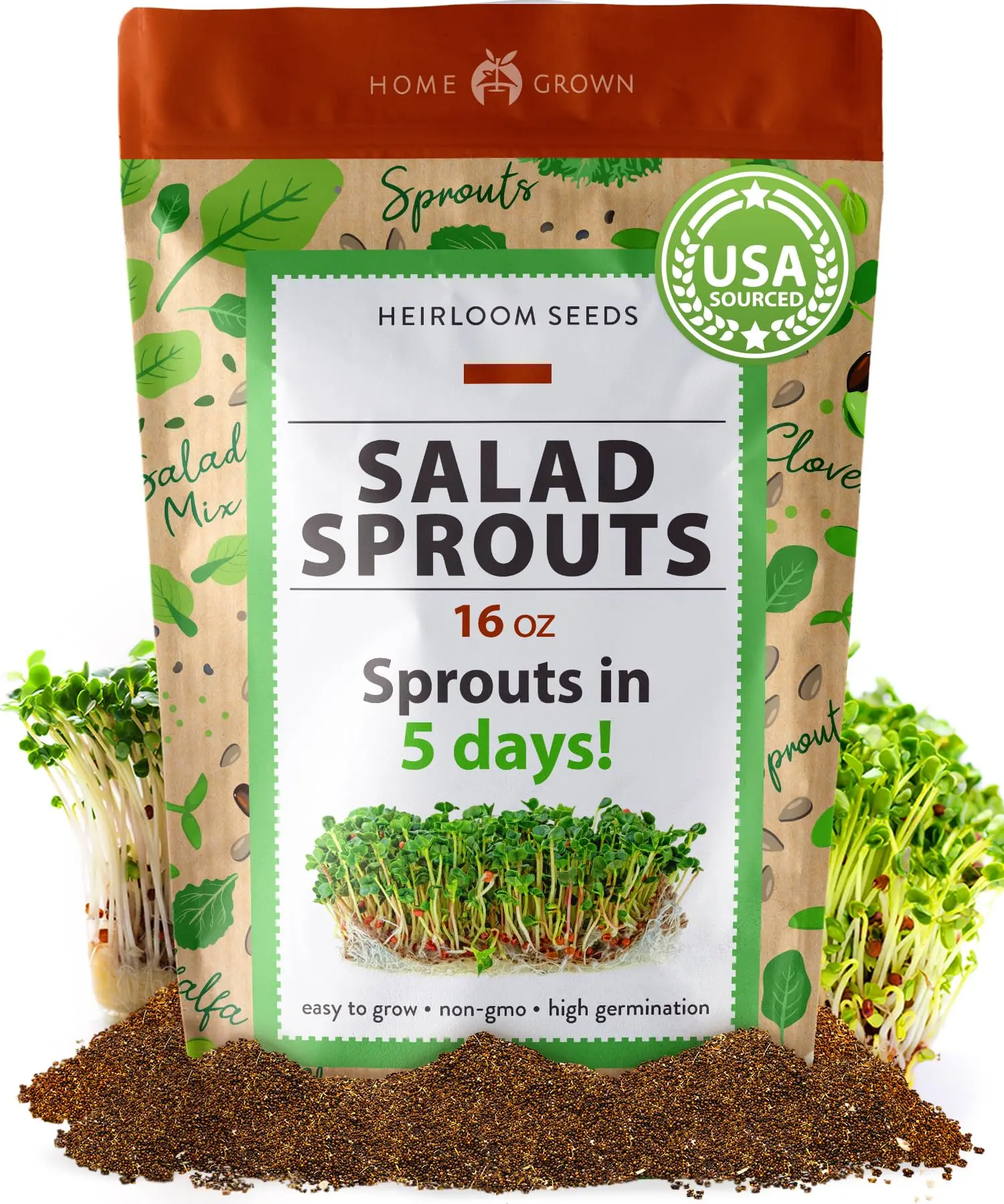 Microgreens and Sprouts Salad Seeds Mix (16oz) Broccoli, Alfalfa, Radish, Clover Seeds