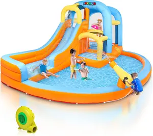 JOYMOR 5-in-1 Inflatable Water Slide Park, Water Bounce House w/Air Blower, Climbing Wall, Double Jump Area, Splash Pool, Water Cannon, Wet or Dry Combo Castle Outdoor Backyard Playhouse for Kids