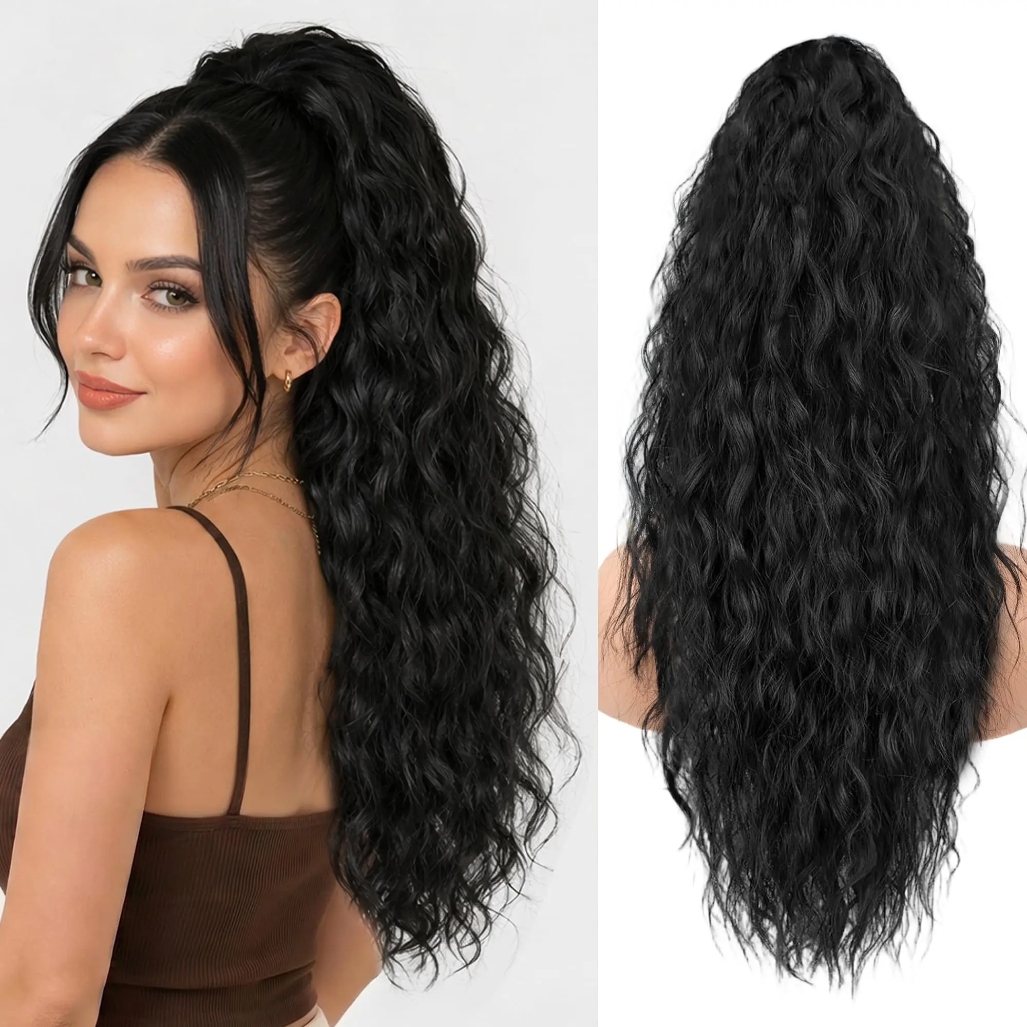 Ponytail Extension, 24" Claw Clip Ponytail Extension for Women Curly Pony Tail Fluffy Natural Looking Clip in Synthetic Hairpiece for Women(Natural Black)
