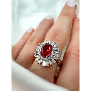 Oval Cut Ruby Halo Sterling Silver Ring, size 8.5
