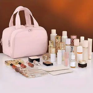 Durable composite cosmetic storage bag features wide opening, easy packing and carrying. Equipped with 7 mesh inner pockets to neatly organize small beauty essentials.  easy to clean and store. Ideal for daily use, business trips, vacations and picnics