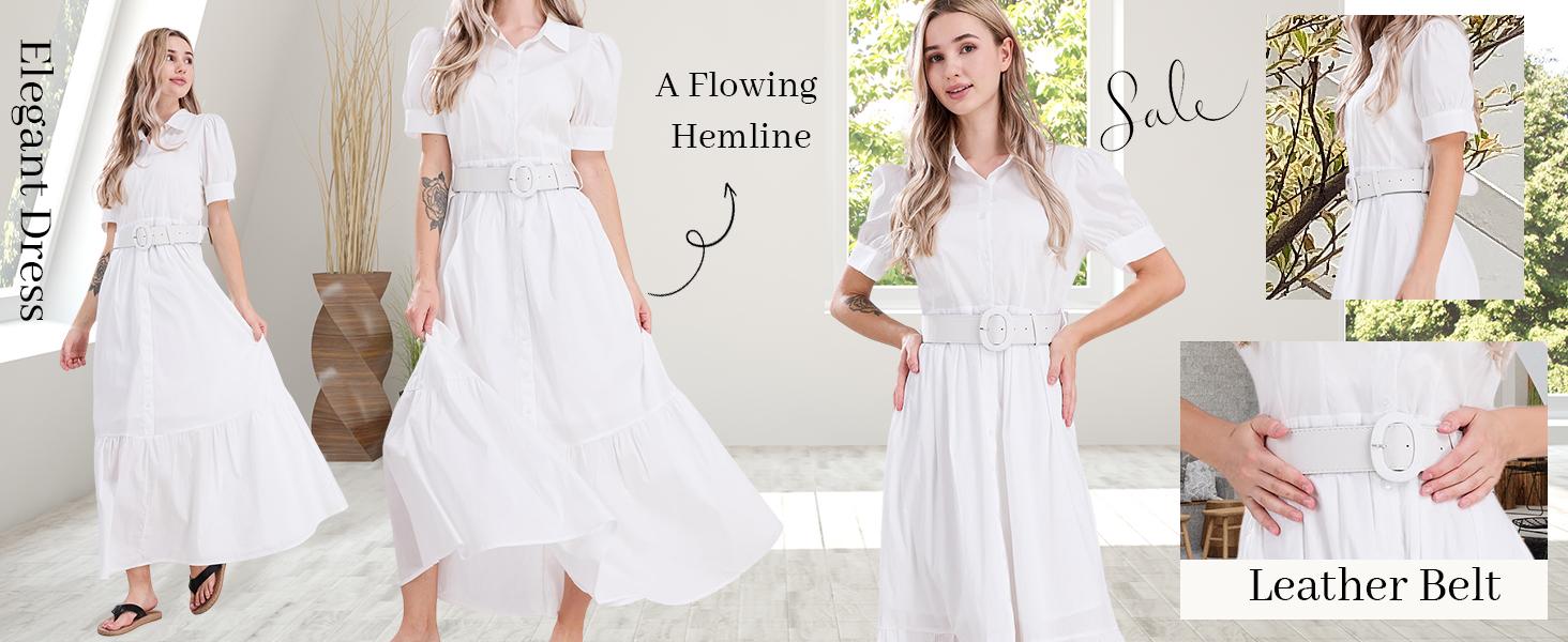 EBOSSY Women's Striped Button-Down Shirt Dress, Casual Puff Short-Sleeve Ruffle Hem Maxi Dress with Belt for Summer-Spring Casual Wear, Womenswear Stripe Pattern Design EBOSSY Women's Striped Button-Down Shirt Dress, Casual Puff Short-Sleeve Ruffle Hem Maxi Dress with Belt for Summer-Spring Casual Wear, Womenswear Stripe Pattern Design