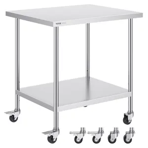 【Spotlight Day】VEVOR Stainless Steel Work Table with Smooth Adjustable Standing Shelf - 30x36x38 in, 4 Wheels, 3 Adjustable Height Levels, Heavy-Duty Food Prep Table for Commercial Kitchen, Garage, Silver
