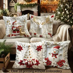 4-Piece Christmas Pillow Covers Set, Single-Sided Print Decorative Pillows, Sofa Cushion Cover, 45x45cm, Tree, Snowman, Reindeer, Santa Claus Design