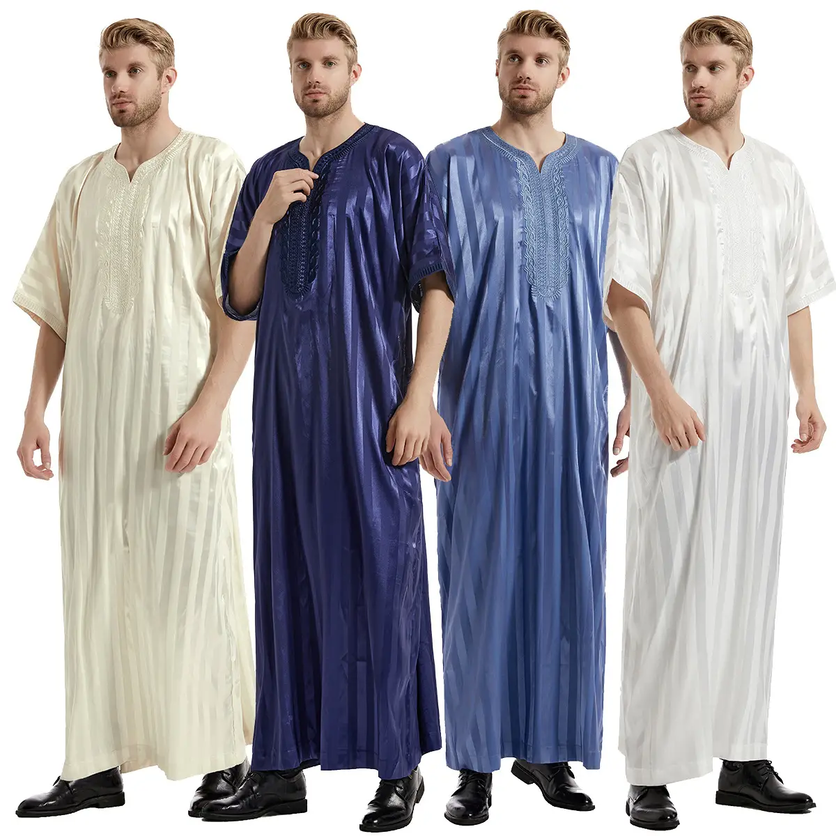 Arab Muslim Men Embroidered Robe Short Sleeve Striped Comfortable Ethnic Clothing Autumn Ready Stock Breathable night thobe