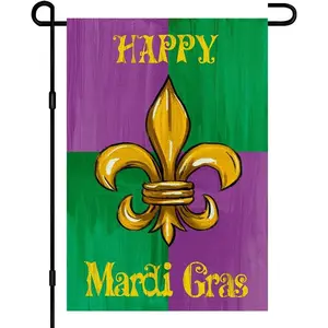 JOOCAR Happy Mardi Gras Garden Flag 12x18 Inch Burlap Vertical Double Sided, Carnival Fleur de Lis Sign Holiday Party Small Yard Farmhouse Outdoor Decoration