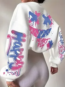 Women's Fleece-Lined Letter Print Knitted Sweatshirt, Casual Loose-Fit Round Neck Pullover, Fall & Winter Outdoor Wear, Thick Fabric Design