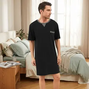 Men's Summer Short Sleeve Knee Length Nightshirt Nightgown - Cotton Sleep Shirt Lounge Wear with Chest Pocket Comfortable Breathable Lightweight Pajamas for Home Relaxation and Bedtime