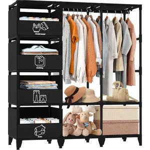 Portable Wardrobe, Easy to Assemble, Large Capacity Wardrobe, Sturdy and Stable Hangers, with 4 Storage Baskets and 2 Hanging Rods, Suitable for Bedroom and Cloakroom, Black