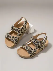 Trendy Leopard Print Kids Birkken Sandals, Adjustable Sandals, Dual Buckle Soft Wood Sole, Breathable Anti-Slip Summer Shoes for Boys and Girls