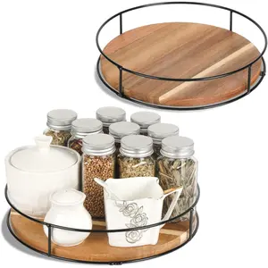 [ 2 Pack ] 11" & 12" Acacia  Lazy Susan Organizers with Steel Sides, Lazy Susan Turntable for Cabinet, Kitchen Turntable Storage for Table, Countertop, Pantry