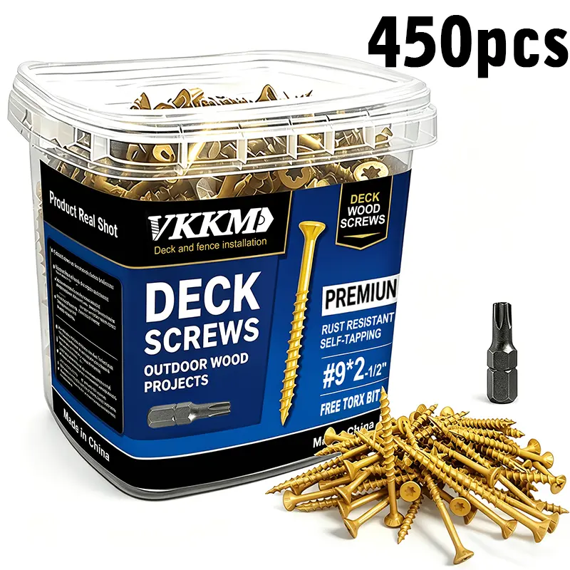 VKKM Multi-Size Hexagonal Wood Screw Set (450 Pieces, 9x2.5in Included) with Yellow Anti-Rust Coating, High Hardness, Free Bit, T25 Star Drive, for Furniture Repair, Woodworking DIY, Wood Surfaces