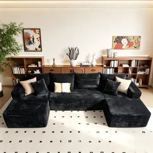 【3Packages Shipping】134" U-Shaped Cloud Sectional Couch Plush Corduroy Modular Sofa with Double Chaise No Assembly Deep Seat Boneless Sofa Set for Living Room Modern Minimalist Design Fast Shipping Black Couch summergarden