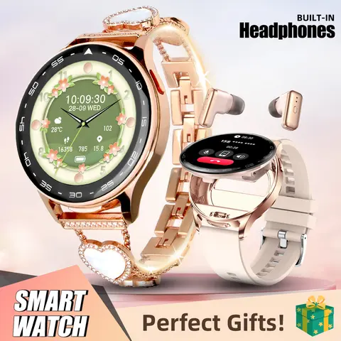 JELLOO 2-in-1 Wearable Sport Smart Watch with Bluetooth Earbuds, 1.39in Round Touch Screen, Wireless Call Answer, Step Counter, Weather Check, 2 Straps, Trendy Multifunctional Device for iOS Android, Meng Women’s Gifts, Back to School