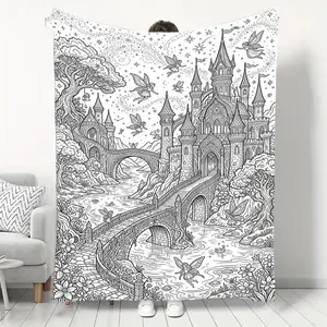 1pc 1pcs Flannel Coloring Blanket Suitable for Home, Travel & Office - Soft Skin-Friendly Castle Elf Themed Throw with English Labeling & DIY Coloring Pages, Fantasy Fairy Tale Black Line Art for, Birthday Christmas Gift, Warm Bedspread