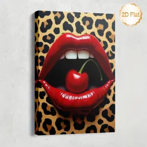 2D Flat, 2D Flat, 1pc Framed 2D Flat Canvas Artwork Featuring Red Lips And a Cherry Leopard Print Background, Perfect for Decorating Your Living Room, Bedroom, Office, Kitchen, Dining Area, Or Bar